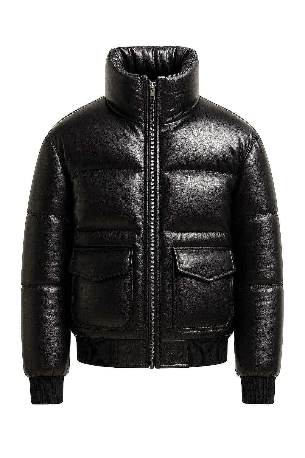 Black leather jacket with a high collar