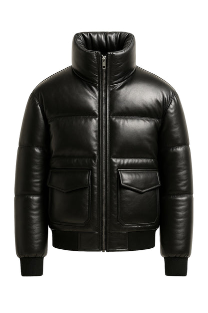 Black leather jacket with a high collar