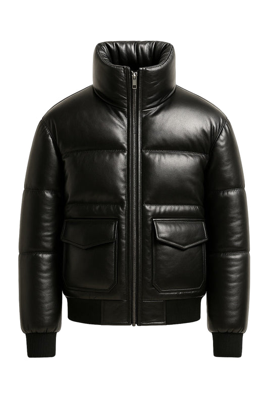 Black leather jacket with a high collar