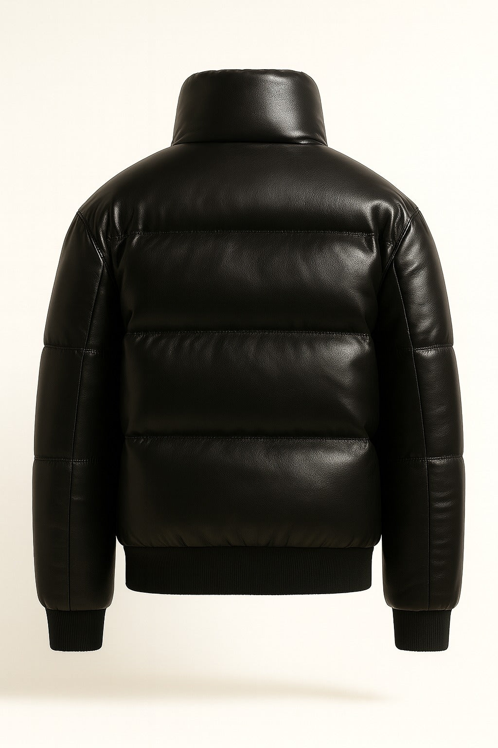 Black leather jacket with a puffer interior 
