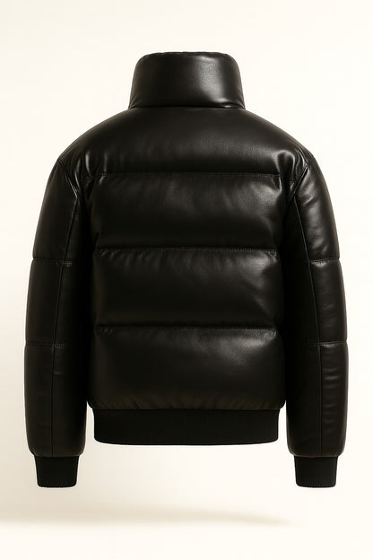 Black leather jacket with a puffer interior 