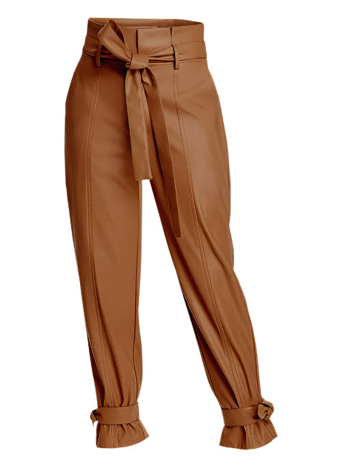 Brown leather pants with a tie waist 